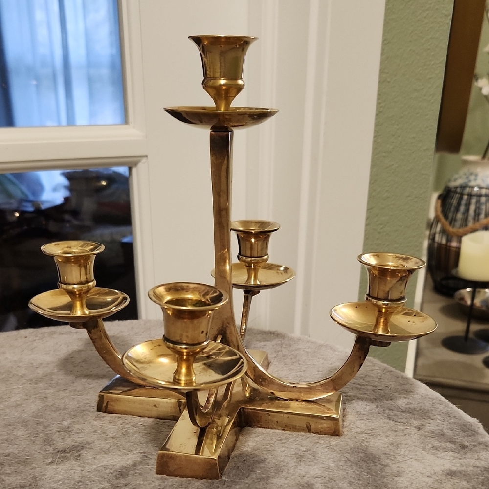 5 Arm Brass Candelabra Candle Holder Vintage